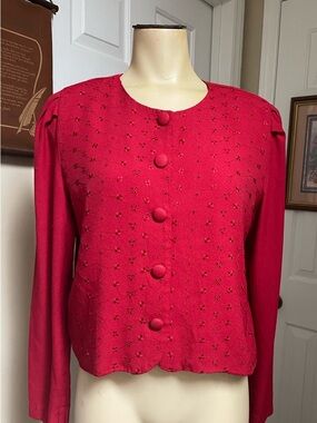 Red Embroidered Button-Front Blouse